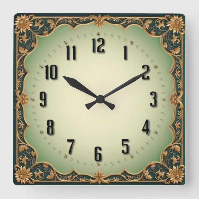 Art Deco Grün Quadratische Wanduhr (Vorderseite)