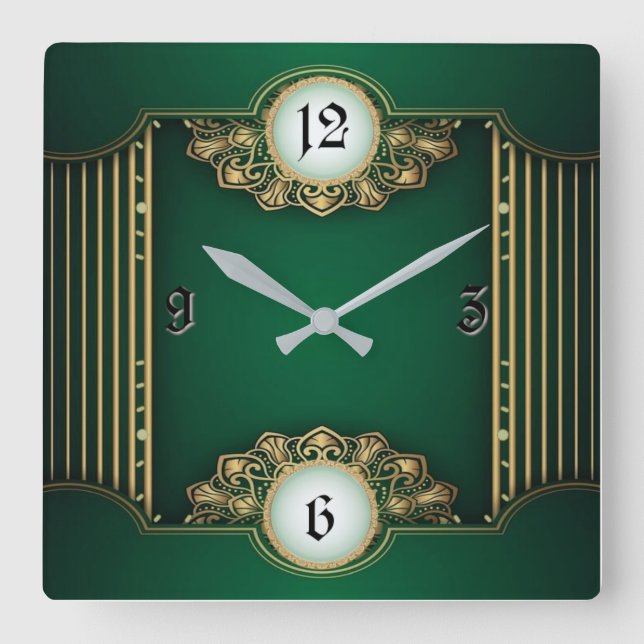 Art Deco Grün Quadratische Wanduhr (Vorderseite)