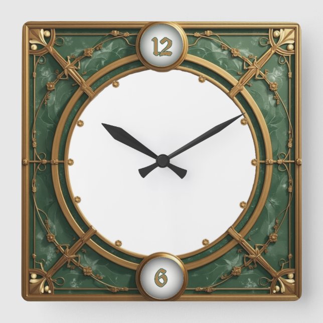 Art Deco Grün Quadratische Wanduhr (Vorderseite)