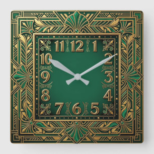 Art Deco Grün Quadratische Wanduhr