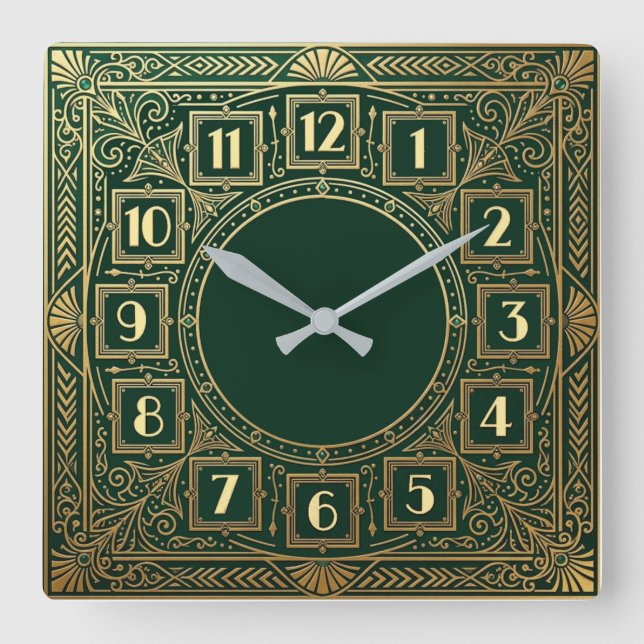 Art Deco Grün Quadratische Wanduhr (Vorderseite)
