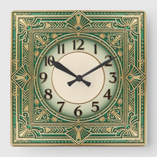 Art Deco Grün Quadratische Wanduhr (Vorderseite)