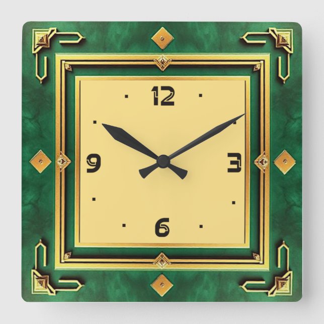 Art Deco Grün Quadratische Wanduhr (Vorderseite)