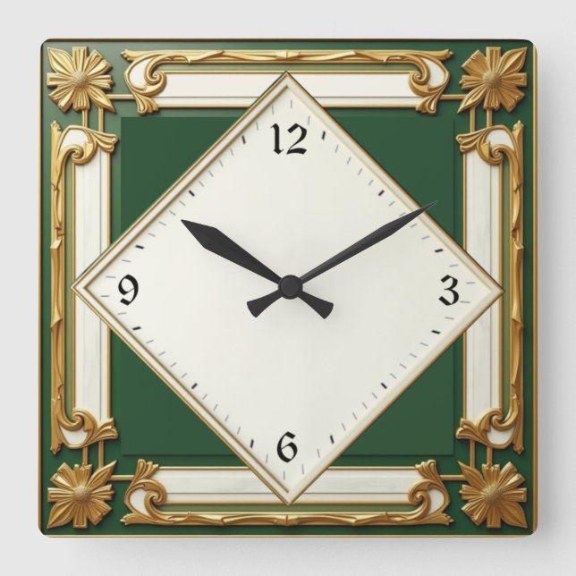 Art Déco Grün Quadratische Wanduhr (Vorderseite)