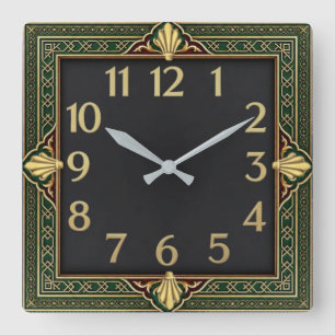 Art Deco Grün Quadratische Wanduhr