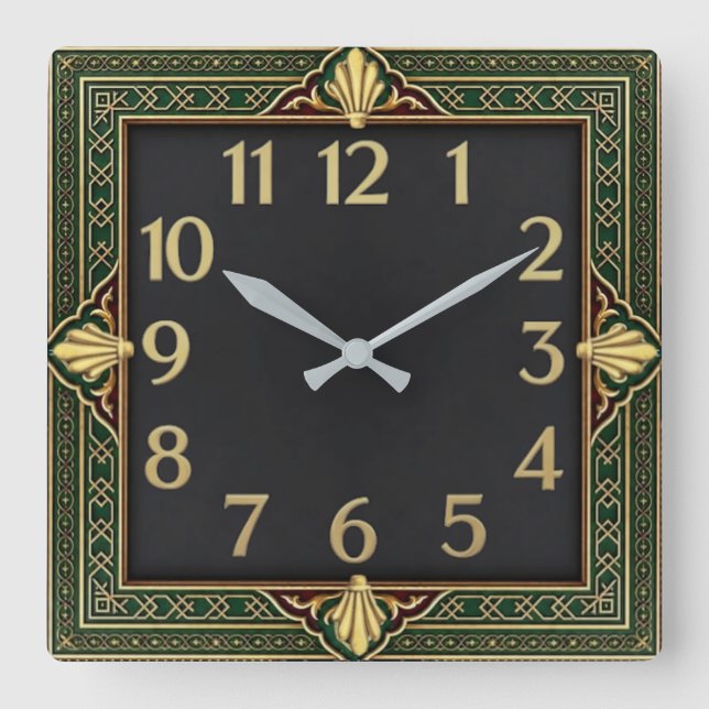 Art Deco Grün Quadratische Wanduhr (Vorderseite)