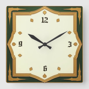 Art Deco Grün Quadratische Wanduhr