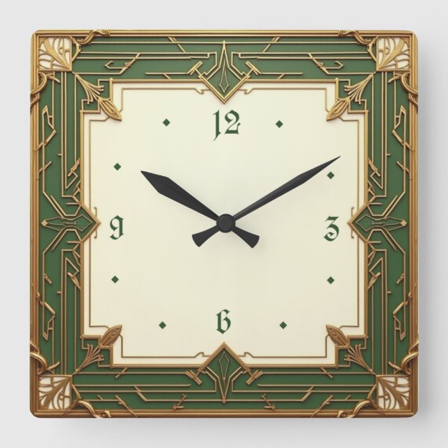Art Deco Grün Quadratische Wanduhr (Vorderseite)