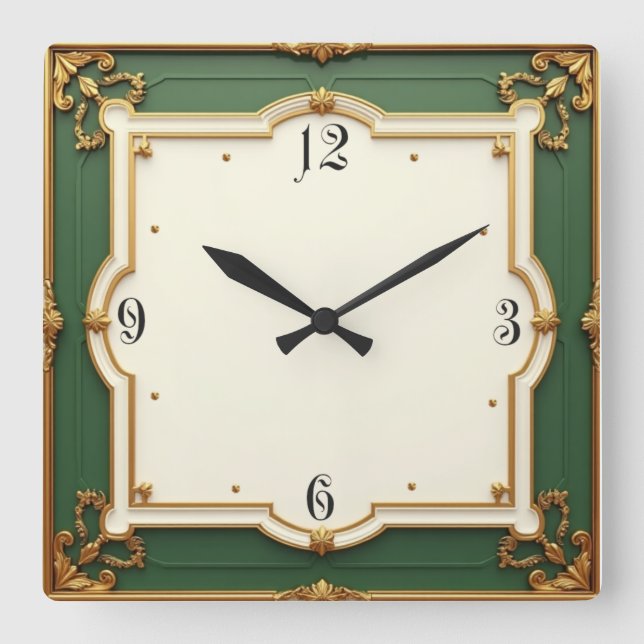 Art Déco Grün Quadratische Wanduhr (Vorderseite)