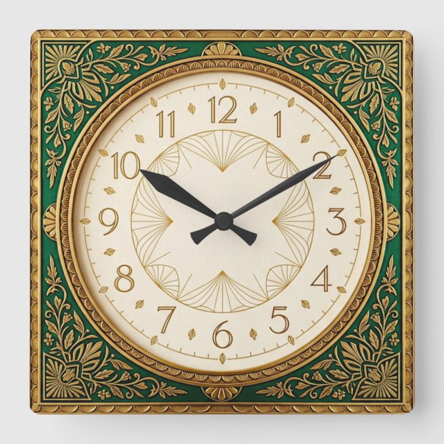 Art Deco Grün Quadratische Wanduhr (Vorderseite)