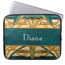 Art Deco Grün und Gold Streifen Personalisiert Laptopschutzhülle