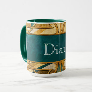 Art Deco Grün und Gold Streifen Personalisiert Tasse