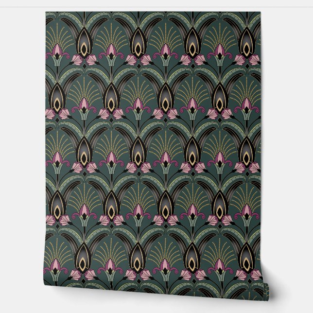 Art Deco Grün und Schwarz Tapete (Abrollen)