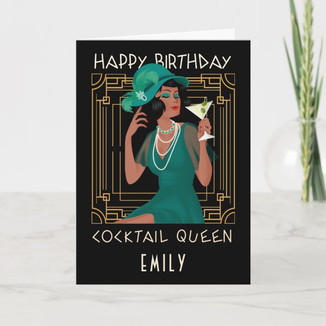 Art Deco Happy Birthday Cocktail Queen Black Karte (Vorderseite)
