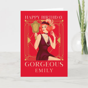 Art Deco Happy Birthday Gorgeous Lady Mirror Red Karte