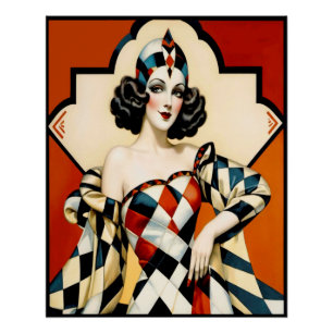 Art Deco Harlequin Lady Poster. Poster
