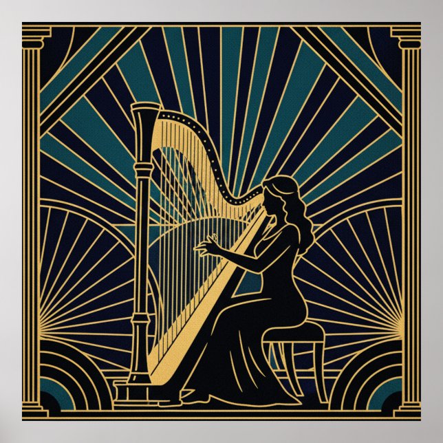 Art Deco Harpist Silhouette Poster Gold and Black  (Vorne)