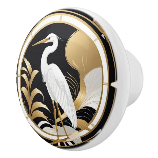 Art Deco Heron Bird Schwarz-weiß Gold Keramikknauf (Rechts)
