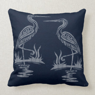 Art Deco Herons - Grau auf Navy Blue Kissen