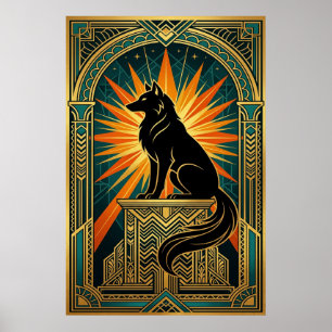 Art Deco heulender Wolf goldener Sonnenausbruch Poster