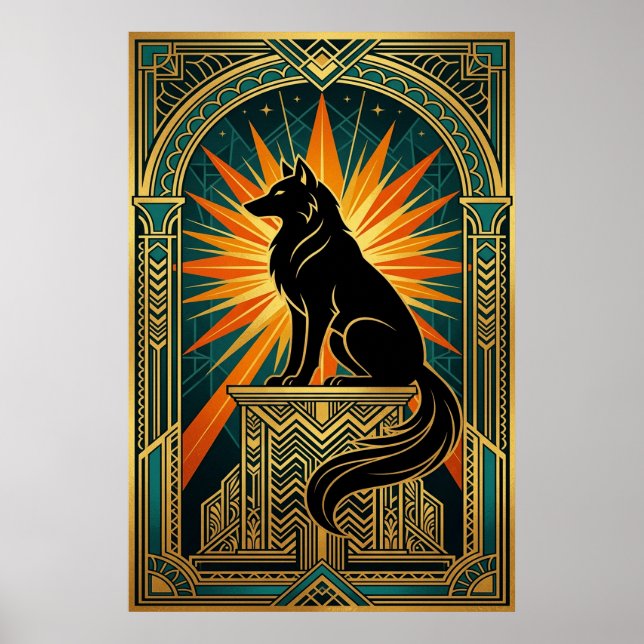 Art Deco heulender Wolf goldener Sonnenausbruch Poster (Vorne)