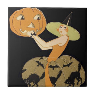 Art Deco Hexe Kürbislaterne Pumpkin Black Cat Fliese