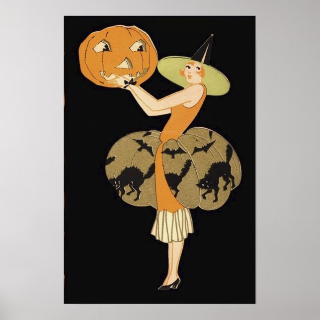 Art Deco Hexe Kürbislaterne Pumpkin Black Cat Poster (Vorne)