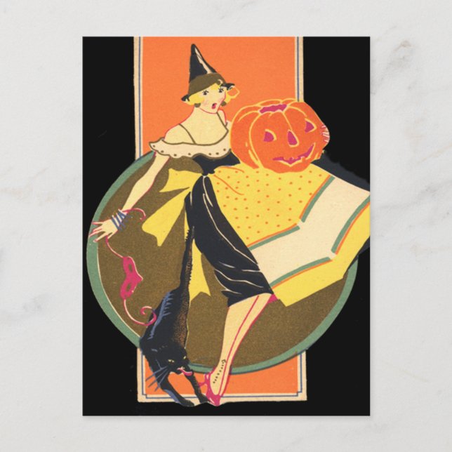 Art Deco Hexe Kürbislaterne Pumpkin Black Cat Postkarte (Vorderseite)