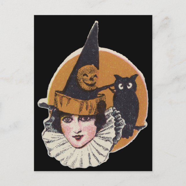 Art Deco Hexe Kürbislaterne Pumpkin Owl Postkarte (Vorderseite)