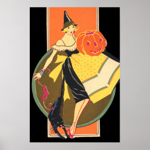 Art Deco Hexe Kürbislaterne Pumpkin Poster