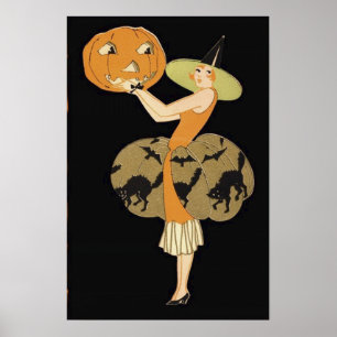 Art Deco Hexen-Kürbis mit schwarzer Katze Poster