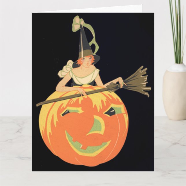 Art Deco Hexo Kürbislaterne Pumpkin Broom Karte (Vorderseite)