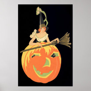 Art Deco Hexo Kürbislaterne Pumpkin Broom Poster