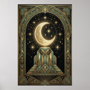 Art Deco Himmel Mond Ziggurat Poster Gold Tee