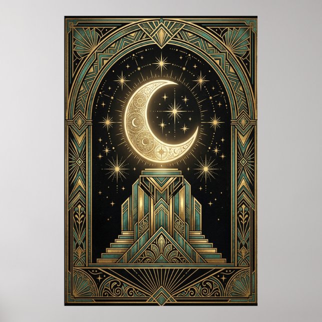 Art Deco Himmel Mond Ziggurat Poster | Gold Tee (Vorne)
