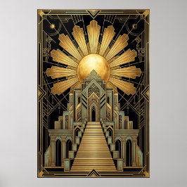 Art Deco Himmlischer Tempel Poster | Goldene Sonne