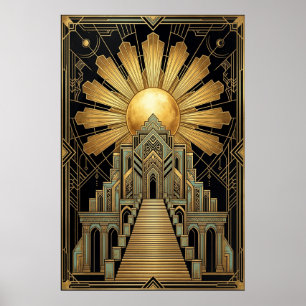 Art Deco Himmlischer Tempel Poster   Goldene Sonne
