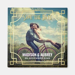 Art Deco Hinzufügen Ihres Fotos Save the Date Gold Magnet