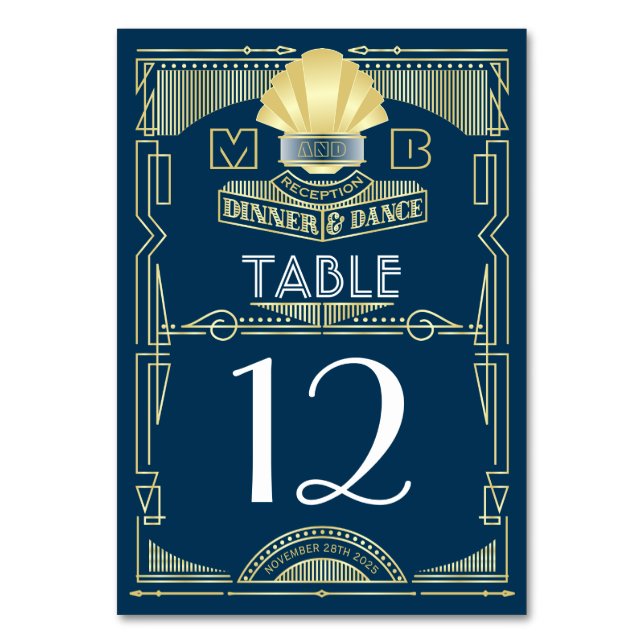 Art Deco Hochzeit Abendessen Abendessen Party Gold Tischnummer (Vorderseite)