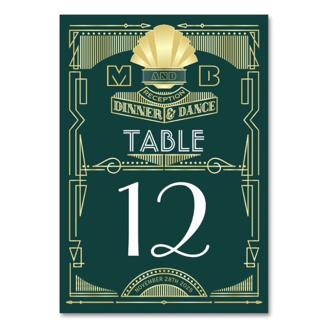 Art Deco Hochzeit Abendessen Party Grün Tischnummer (Vorderseite)