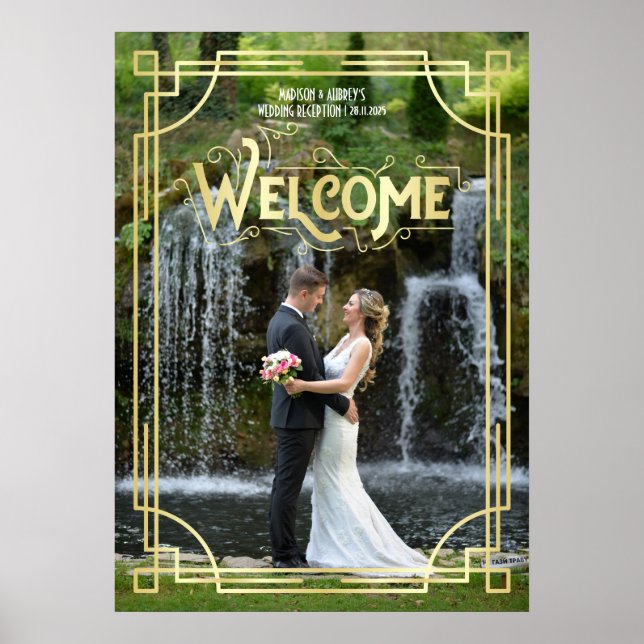 Art Deco Hochzeit Empfang Ihres Fotos Begrüßungsze Poster (Vorne)