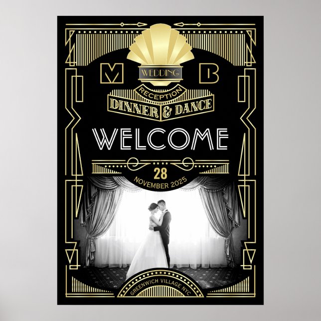 Art Deco Hochzeit Empfang Ihres Fotos Begrüßungsze Poster (Vorne)