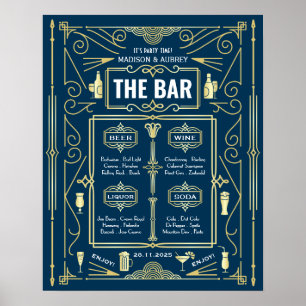 Art Deco Hochzeit Gold Blau Open Bar Party Menü Poster