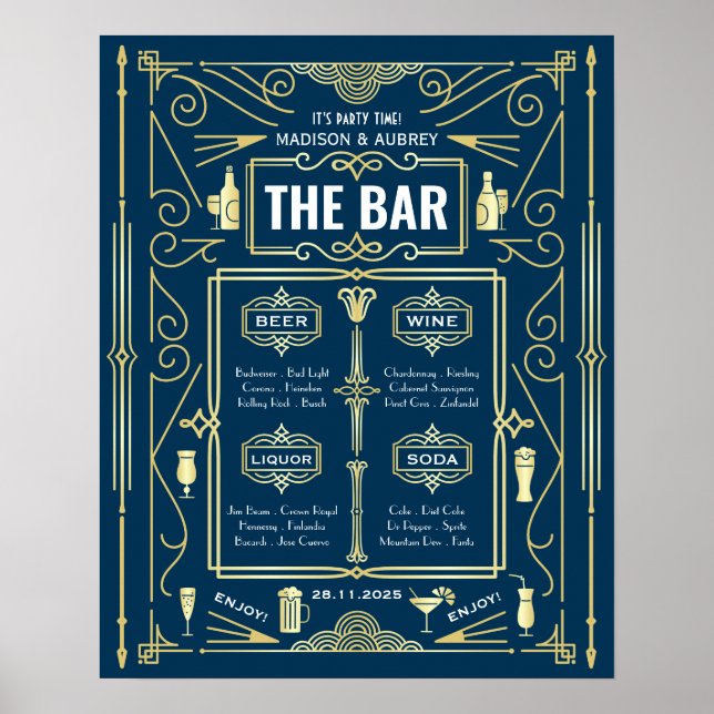 Art Deco Hochzeit Gold Blau Open Bar Party Menü Poster (Vorne)