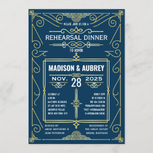 Art Deco Hochzeit Klassisches Gold Blue Probe Dinn Einladung
