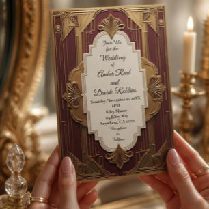 Art Deco Hochzeits-Einladung Burgund & Gold Vintag Einladung