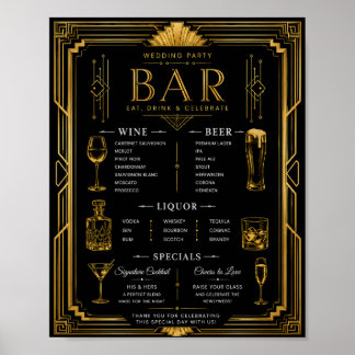Art Deco Hochzeitsbar Wein Bier Likör Menü Poster