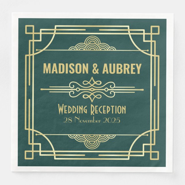 Art Deco Hochzeitsempfang Party Bar Gold Green Serviette (Vorderseite)