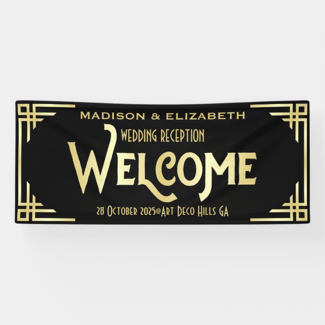Art Deco Hochzeitsempfang Willkommen Gold Black Banner (Horizontal)