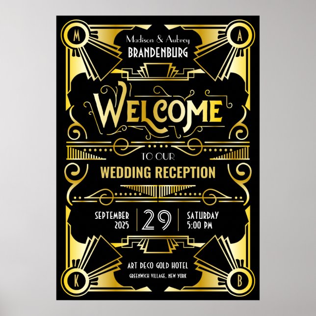 Art Deco Hochzeitsempfang Willkommen Gold & Black Poster (Vorne)